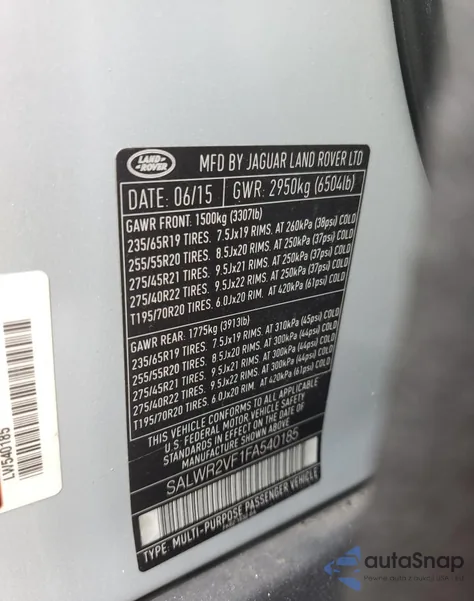 2015 Land Rover Range Rover Sport Hse z USA, uszkodzony, nr VIN SALWR2VF1FA540185